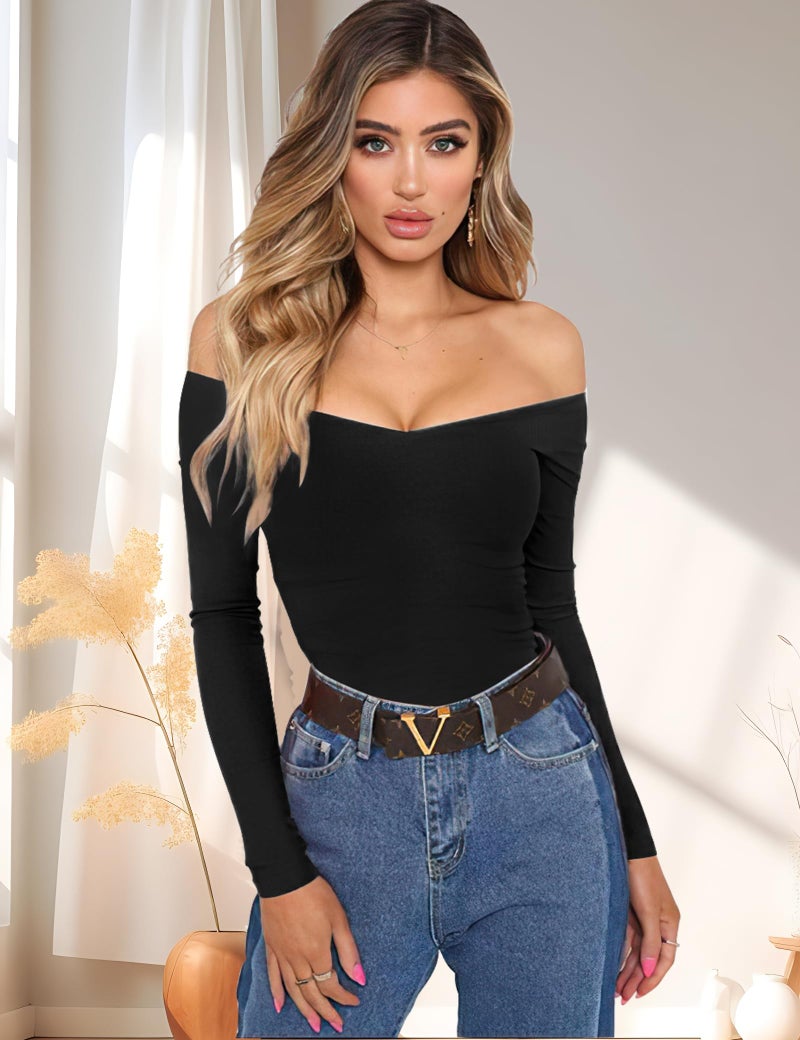 Sarin Mathews Womens Off The Shoulder Long Sleeve Tops Slim Fit Blouse Shirts Black XS - Image 4